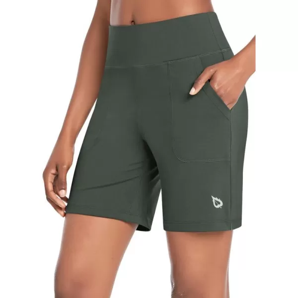 BALEAF Bermuda Shorts for Women High Waisted Athletic Long Running Shorts with PocketsOlive Green