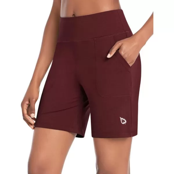 BALEAF Bermuda Shorts for Women High Waisted Athletic Long Running Shorts with PocketsWine