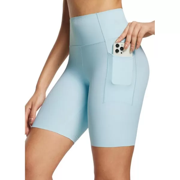 BALEAF Freeleaf Womens 8 High Waist Biker Shorts with Pockets Yoga Running Volleyball Workout Gym Shorts for Summer SpandexPastel Blue