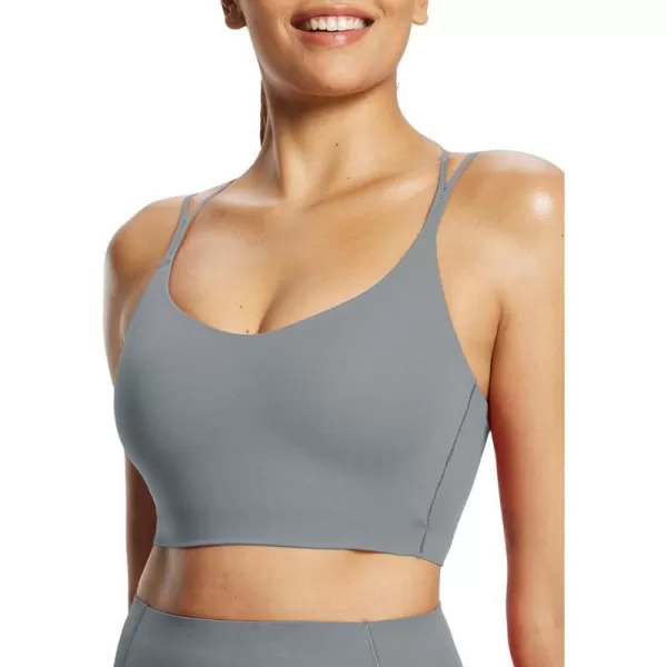 BALEAF Freeleaf Womens Longline Strappy Sports Bra Padded Yoga Bralette Low Impact Spaghetti Workout Crop TopDark Gray