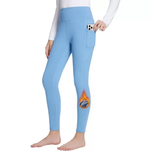 BALEAF Girls Fleece Lined Leggings Kids Warm Pants Youth Compression Yoga Athletic School Pants with PocketsLight Blue