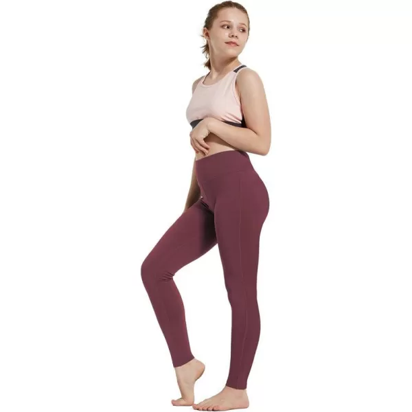 BALEAF Girls Leggings with Pockets Kids Athletic Pants Youth Yoga Dance Tights1 Back Pocket Wine Red