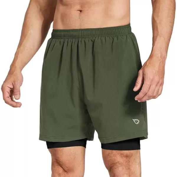 BALEAF Mens 2 in 1 Athletic Running Shorts 5 Quick Dry Lined Workout Shorts with Zipper PocketArmy GreenBlack