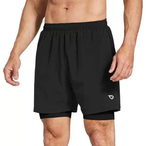 BALEAF Mens 2 in 1 Athletic Running Shorts 5 Quick Dry Lined Workout Shorts with Zipper PocketBlackBlack