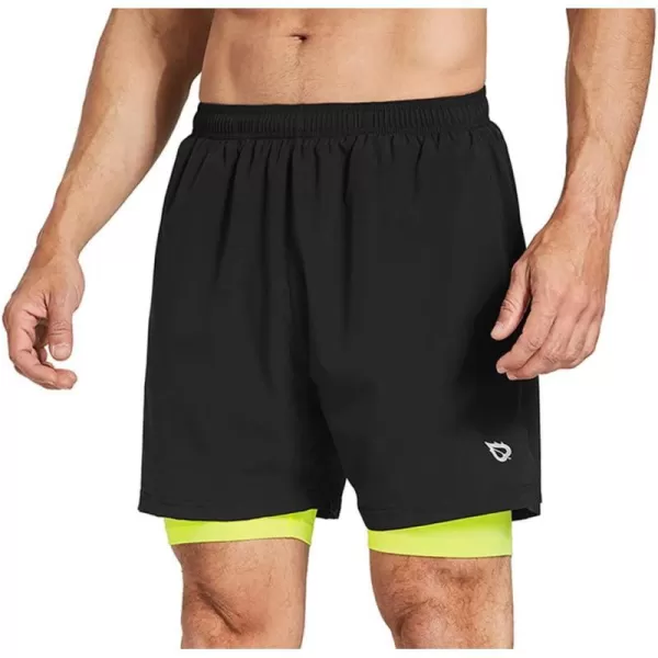 BALEAF Mens 2 in 1 Athletic Running Shorts 5 Quick Dry Lined Workout Shorts with Zipper PocketBlackFluorescent Yellow