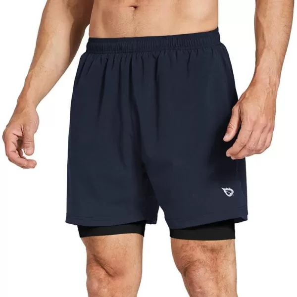 BALEAF Mens 2 in 1 Athletic Running Shorts 5 Quick Dry Lined Workout Shorts with Zipper PocketDark BlueBlack