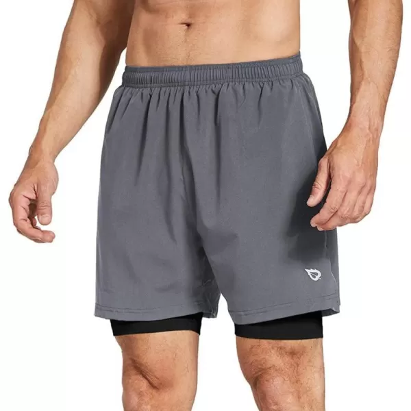 BALEAF Mens 2 in 1 Athletic Running Shorts 5 Quick Dry Lined Workout Shorts with Zipper PocketGreyBlack