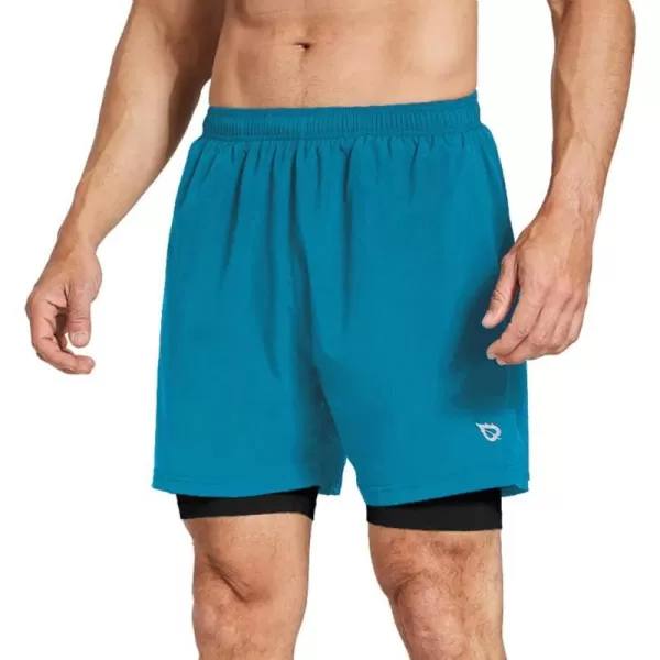 BALEAF Mens 2 in 1 Athletic Running Shorts 5 Quick Dry Lined Workout Shorts with Zipper PocketLight BlueBlack