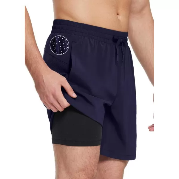 BALEAF Mens 7 Inch Swim Trunks with Compression Liner QuickDry Long Shorts Swim Shorts with Zipper PocketsDark Blue