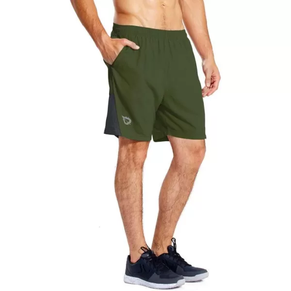 BALEAF Mens 7 Running Shorts with Mesh Liner Zipper Pocket for Athletic Workout GymArmy Green