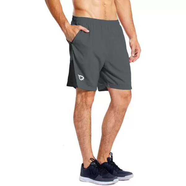 BALEAF Mens 7 Running Shorts with Mesh Liner Zipper Pocket for Athletic Workout GymGray