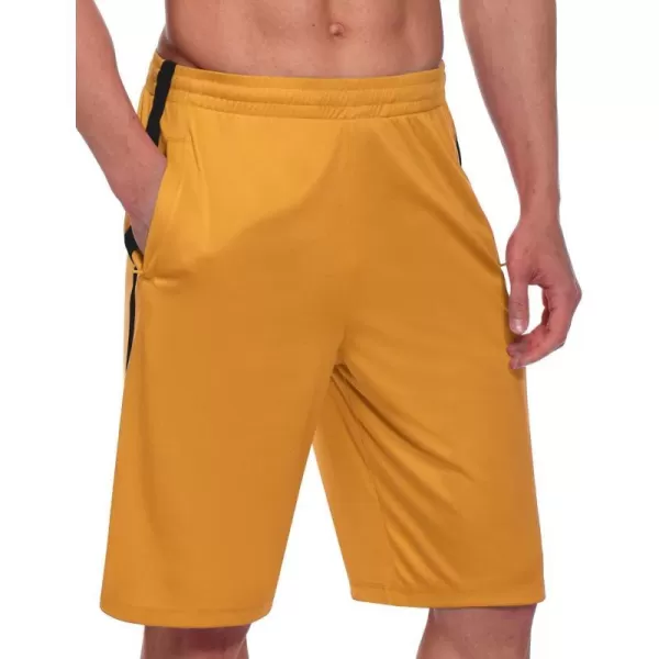 BALEAF Mens Basketball Shorts Long with Zipper Pockets Quick Dry Workout Training Drawstrings 11Gold Yellow