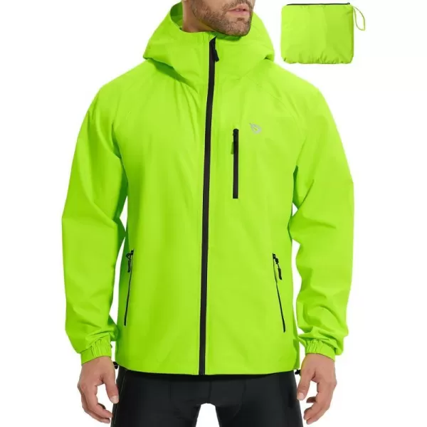 BALEAF Mens Cycling Rain Jacket Waterproof Windbreaker Packable Hood Running Gear Lightweight ReflectiveFluorescent Green