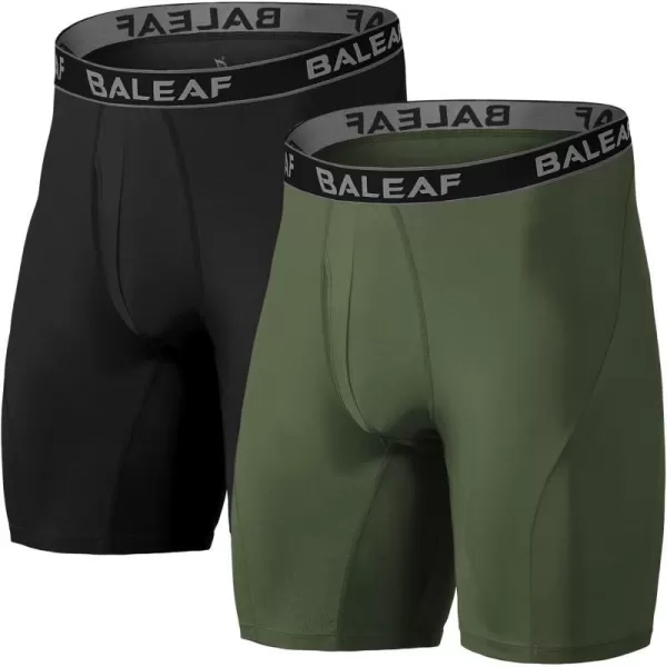 BALEAF Mens Performance Boxer Briefs 9 Athletic Underwear Long Leg Cool Dry with Fly 2Pack9 BlackArmy Green