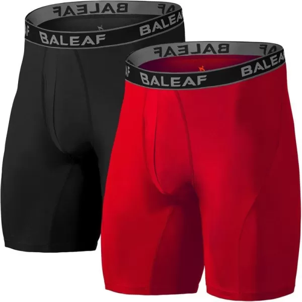 BALEAF Mens Performance Boxer Briefs 9 Athletic Underwear Long Leg Cool Dry with Fly 2Pack9 BlackRed