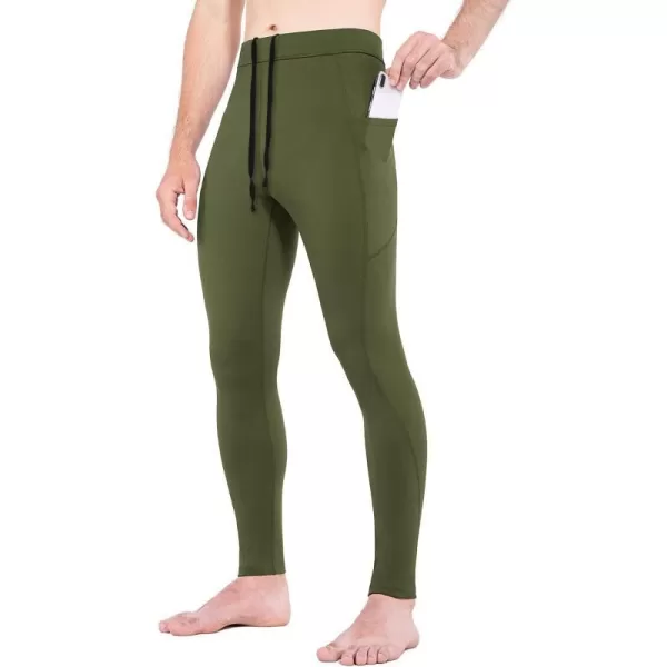 BALEAF Mens Thermal Running Tights Leggings Water Resistant with Pockets Cold Weather Hiking Cycling Fleece PantsArmy Green