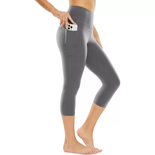 BALEAF Nuleaf Womens Stretch Capri Leggings with Pockets High Waisted Brushed Yoga Workout Athletic Tummy Control Capris 19Grey