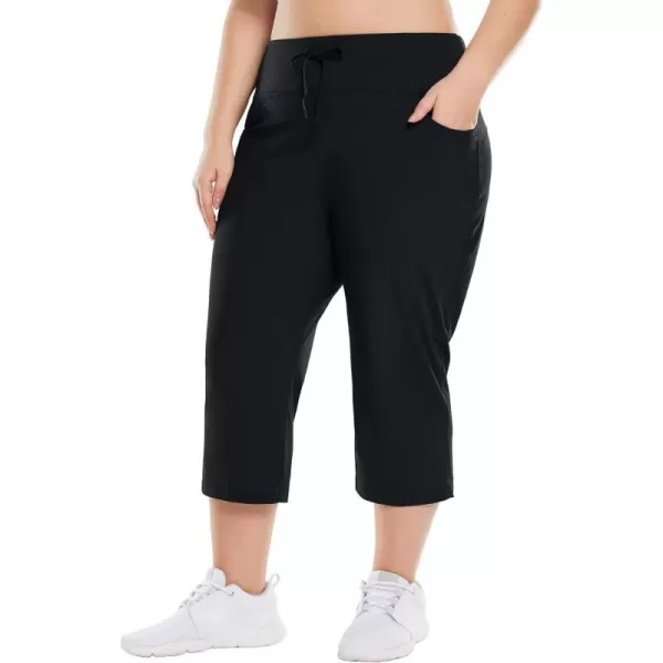 BALEAF Plus Size Capri Pants for Women High Waist Pull on Pockets Casual SummerBlack