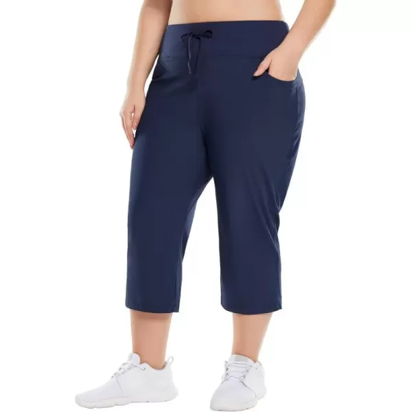 BALEAF Plus Size Capri Pants for Women High Waist Pull on Pockets Casual SummerNavy