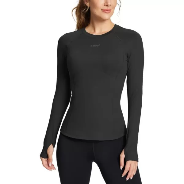 BALEAF Thermal Shirts for Women Long Sleeve Fleece Tops Workout Running Thumbholes Zipper Pocket Cold Weather GearBlackno Pocket