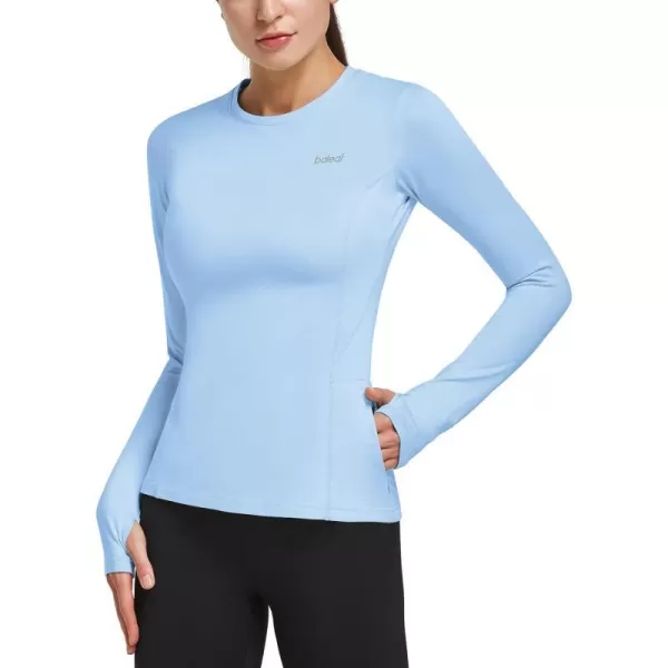 BALEAF Thermal Shirts for Women Long Sleeve Fleece Tops Workout Running Thumbholes Zipper Pocket Cold Weather GearLight Blue