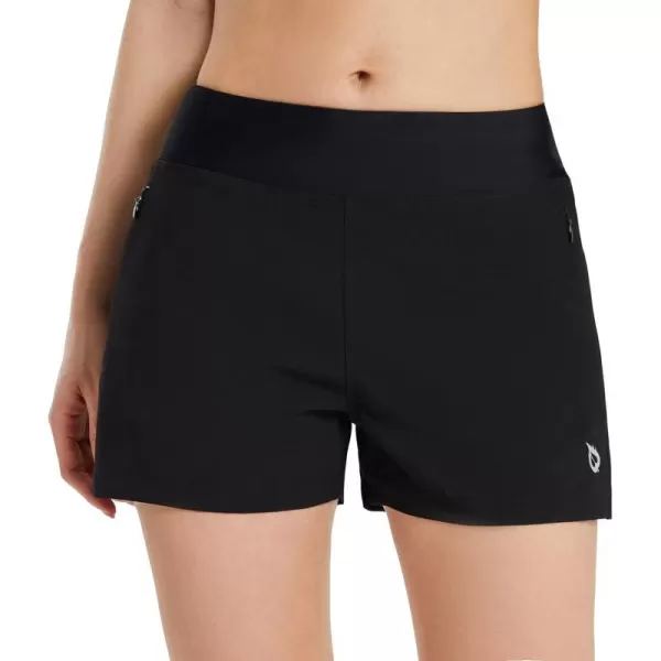 BALEAF Womens 3 Quick Dry Swim Board Shorts Knit Waistband Brief Liner Zipper PocketsBlack