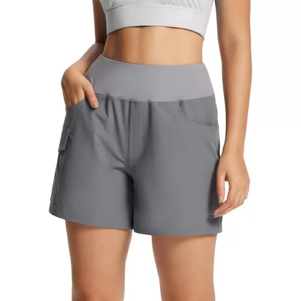 BALEAF Womens 5 Athletic Shorts High Waisted Quick Dry with Cargo Pockets Hiking Climbing Summer ShortsGrey