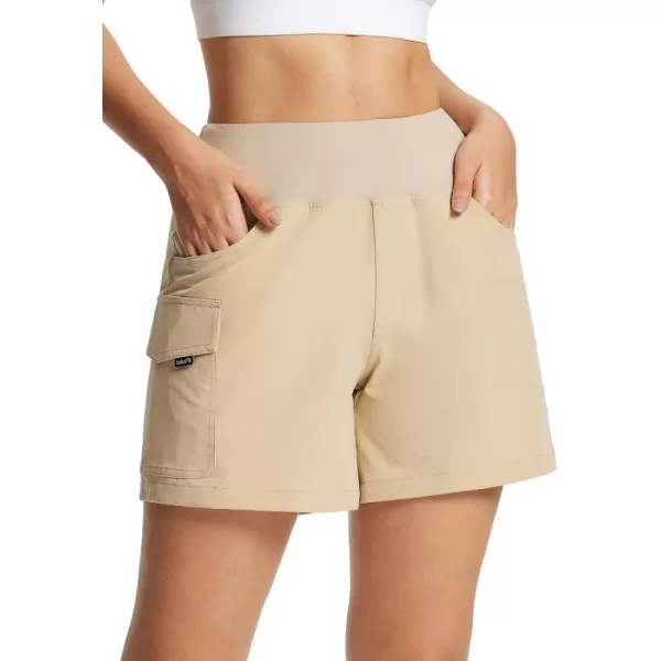 BALEAF Womens 5 Athletic Shorts High Waisted Quick Dry with Cargo Pockets Hiking Climbing Summer ShortsKhaki