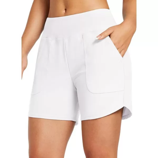 BALEAF Womens 5 High Waisted Swim Board Shorts Quick Dry Swimsuits Bottoms Trunks with Pockets5 White