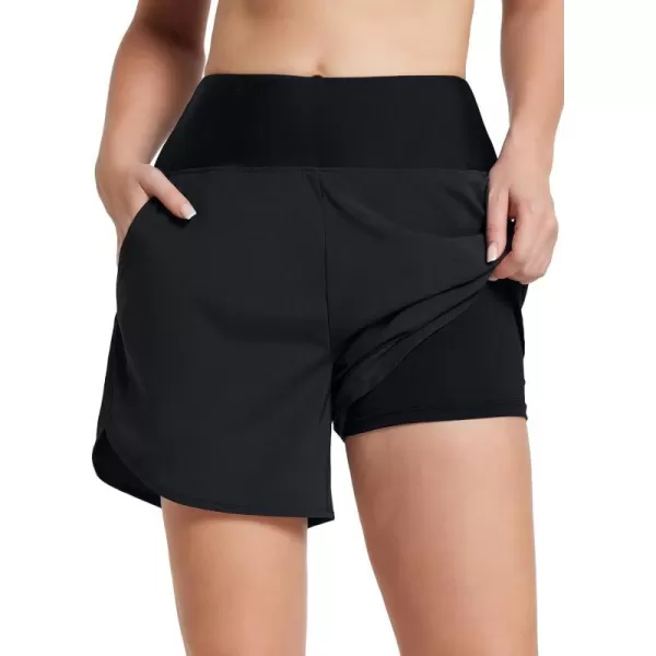 BALEAF Womens 5 Swim Shorts High Waisted Board Shorts Quick Dry Swimming Bottoms Trunks UPF 50 Beach Shorts with LinerBlack