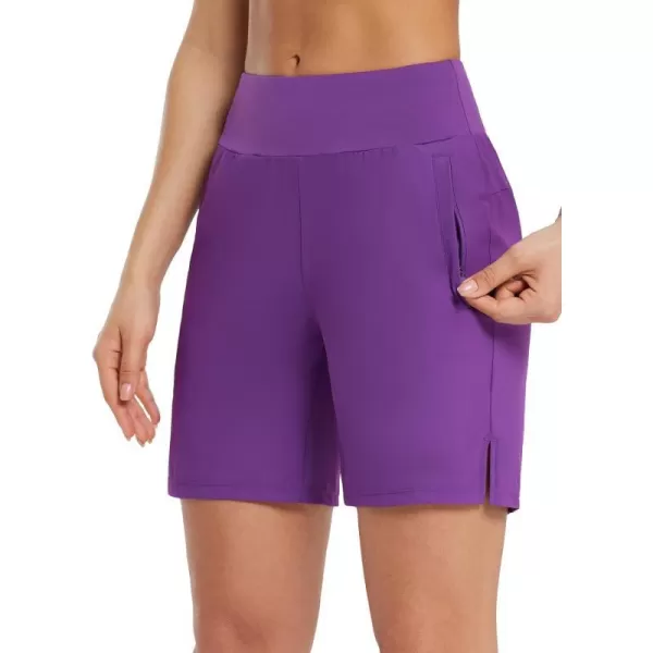 BALEAF Womens 7 Long Running Shorts Quick Dry Athletic Workout Shorts with Zipper Pockets UnlinedPurple