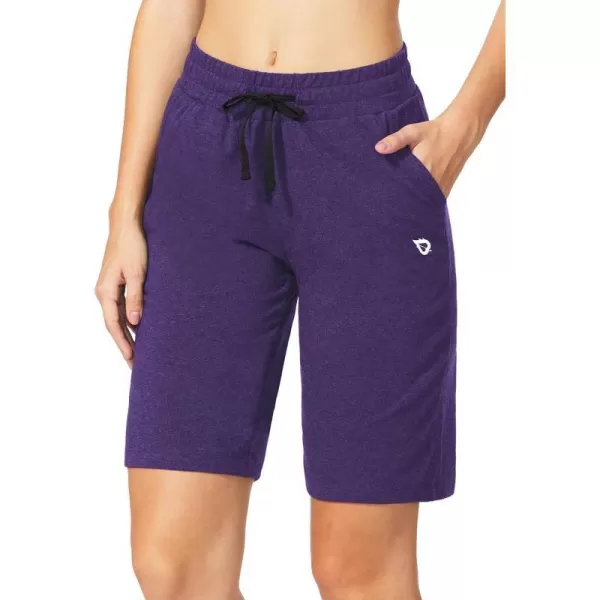 BALEAF Womens Bermuda Shorts Long Cotton Casual Summer Knee Length Pull On Lounge Walking Exercise Shorts with PocketsSoft Knee Lengthpurple Heather