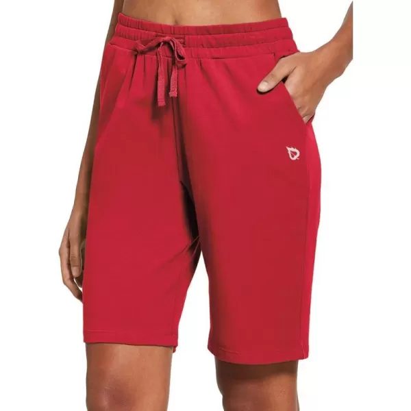 BALEAF Womens Bermuda Shorts Long Cotton Casual Summer Knee Length Pull On Lounge Walking Exercise Shorts with PocketsSoft Knee Lengthrose Red