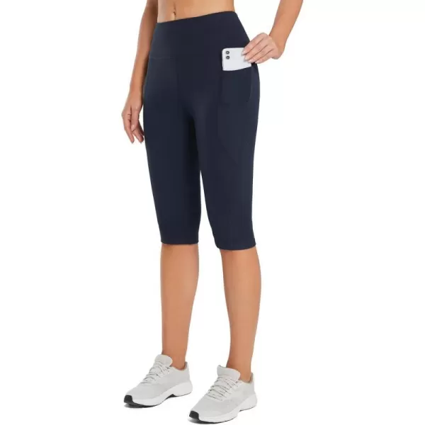 BALEAF Womens Capris with Pockets Knee Length Capri Leggings High Waisted Stretch for Casual Summer Yoga Workout Exercise14 Inseam Navy Blue