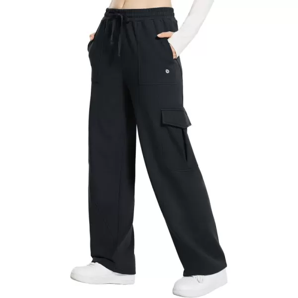 BALEAF Womens Cargo Sweatpants Wide Leg Sweat Pants with Pockets Mid Rise Dance Athletic Fleece LinedBlack