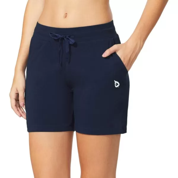 BALEAF Womens Cotton Yoga Shorts Sweat Athletic Lounge Beach Shorts Jersey Pull On with Drawstring Pockets Summer10 Navy Blue