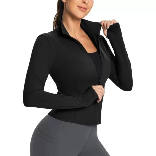 BALEAF Womens Cropped Workout Jacket Long Sleeve Athletic Running Yoga Lightweight Zip Up Jackets with Thumb HolesBlack