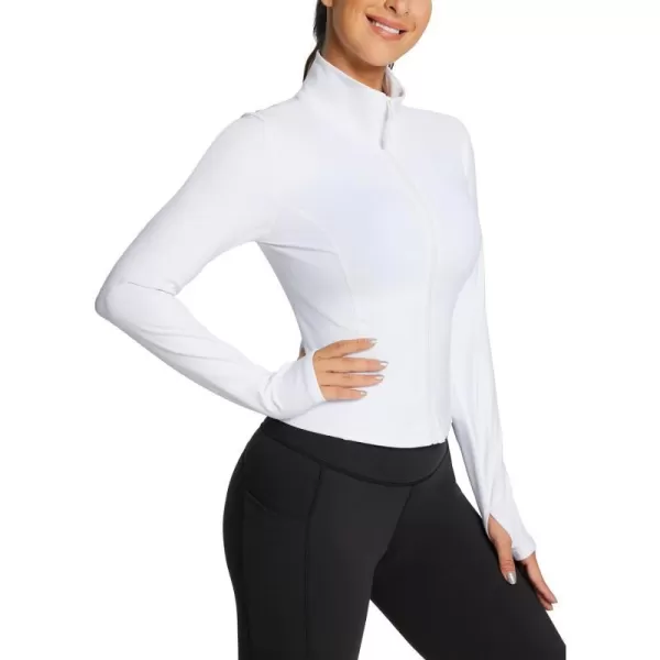 BALEAF Womens Cropped Workout Jacket Long Sleeve Athletic Running Yoga Lightweight Zip Up Jackets with Thumb HolesWhite