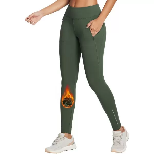 BALEAF Womens Fleece Lined Leggings Water Resistant High Waisted Winter Cold Weather Running Gear Zip PocketsGreen