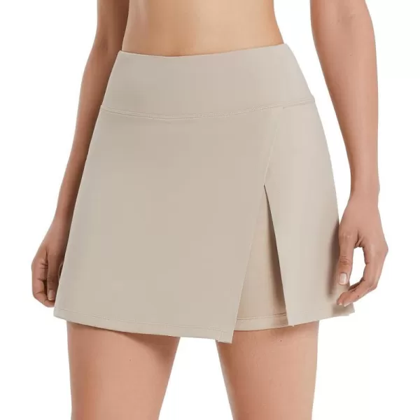 BALEAF Womens Golf Skirts High Waisted Tennis Skorts with Slit Athletic Running Skirt with Shorts and Zip PocketsKhaki