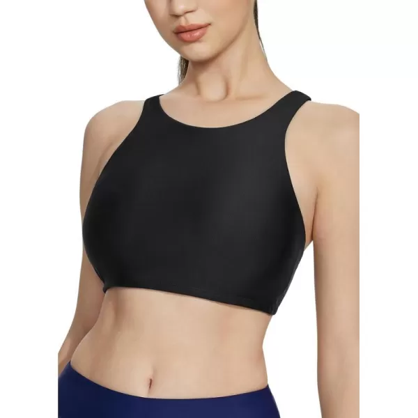 BALEAF Womens High Neck Swim Top Sporty Raceback Bra Modest Bathing Suit with Builtin Bra Crop Tops Under Rash GuardBlack