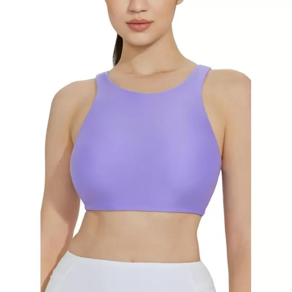 BALEAF Womens High Neck Swim Top Sporty Raceback Bra Modest Bathing Suit with Builtin Bra Crop Tops Under Rash GuardPurple