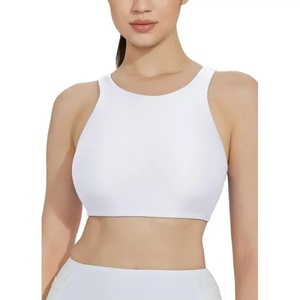 BALEAF Womens High Neck Swim Top Sporty Raceback Bra Modest Bathing Suit with Builtin Bra Crop Tops Under Rash GuardWhite