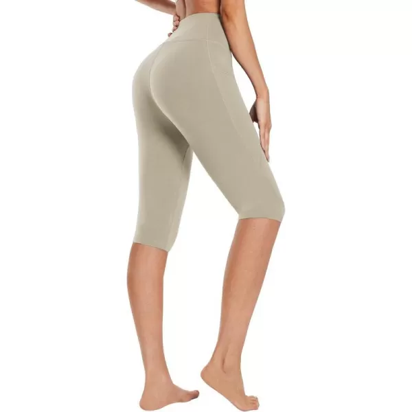 BALEAF Womens Knee Length Cotton Capri Leggings with Pockets High Waisted Casual Summer Yoga Workout Exercise Pants14 Inseam Khaki