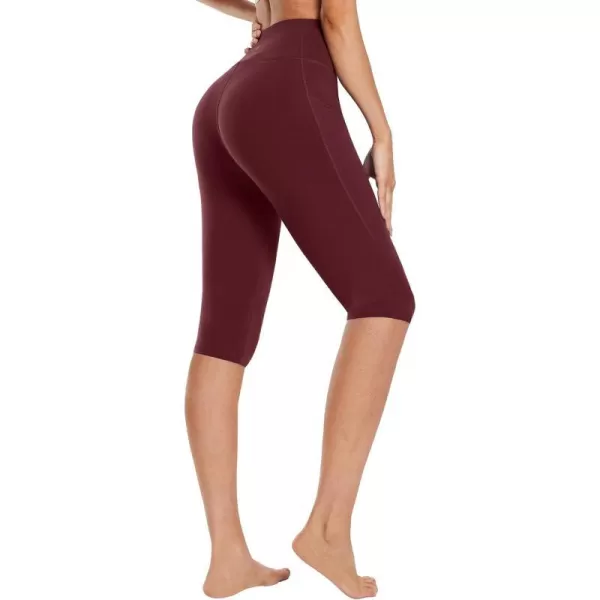 BALEAF Womens Knee Length Cotton Capri Leggings with Pockets High Waisted Casual Summer Yoga Workout Exercise Pants14 Inseam Wine Red