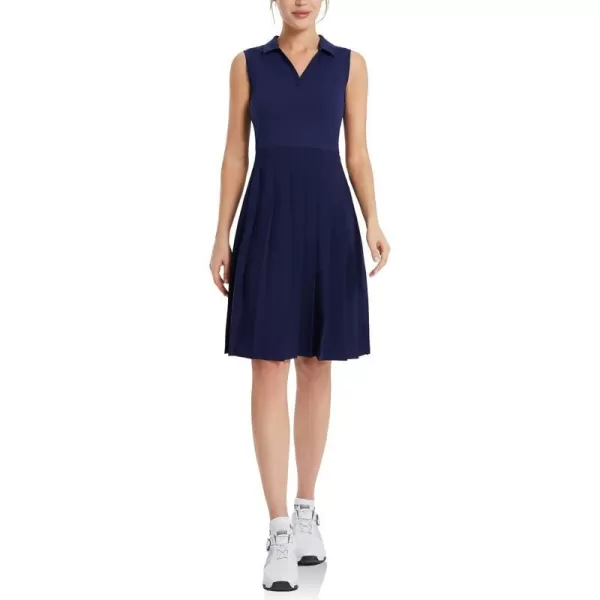 BALEAF Womens Knee Length Golf Dresses Pleated Dress Sleeveless Stretch Dress Elegant Polo V Neck UPF 50 SkirtsDark Blue