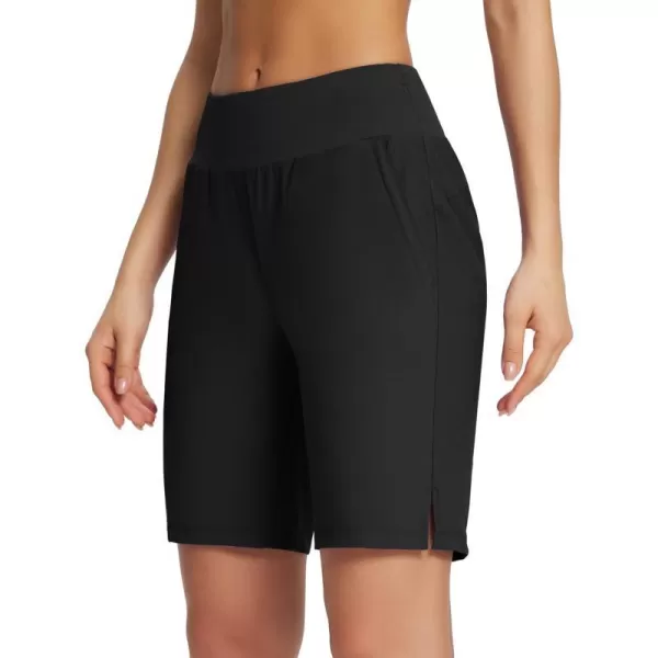 BALEAF Womens Knee Length Long Shorts Running Bermuda Shorts 9 High Waisted Zip Pockets Quick Dry Casual SummerBlack