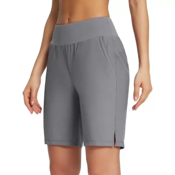 BALEAF Womens Knee Length Long Shorts Running Bermuda Shorts 9 High Waisted Zip Pockets Quick Dry Casual SummerDark Grey