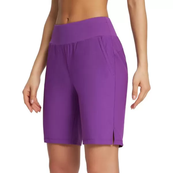 BALEAF Womens Knee Length Long Shorts Running Bermuda Shorts 9 High Waisted Zip Pockets Quick Dry Casual SummerPurple