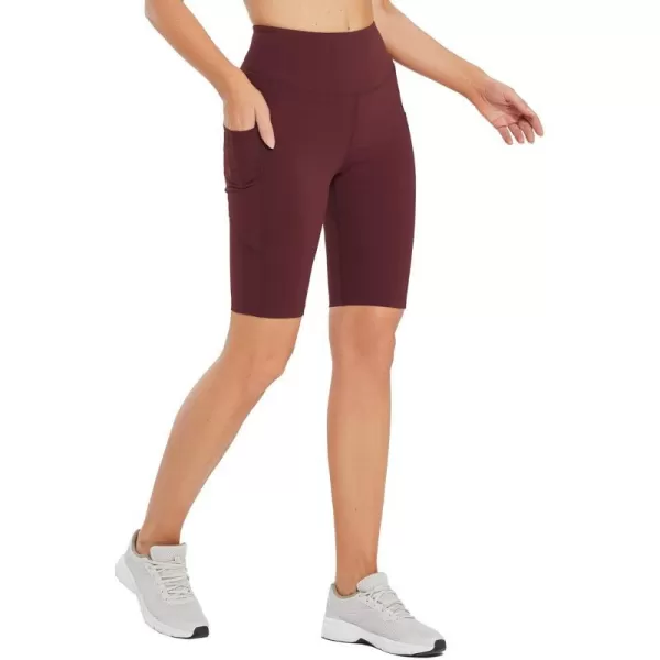 BALEAF Womens Long Biker Yoga Compression Shorts High Waist Knee Length Spandex Workout Shorts with Pockets Soft10 inches inseam Wine Red